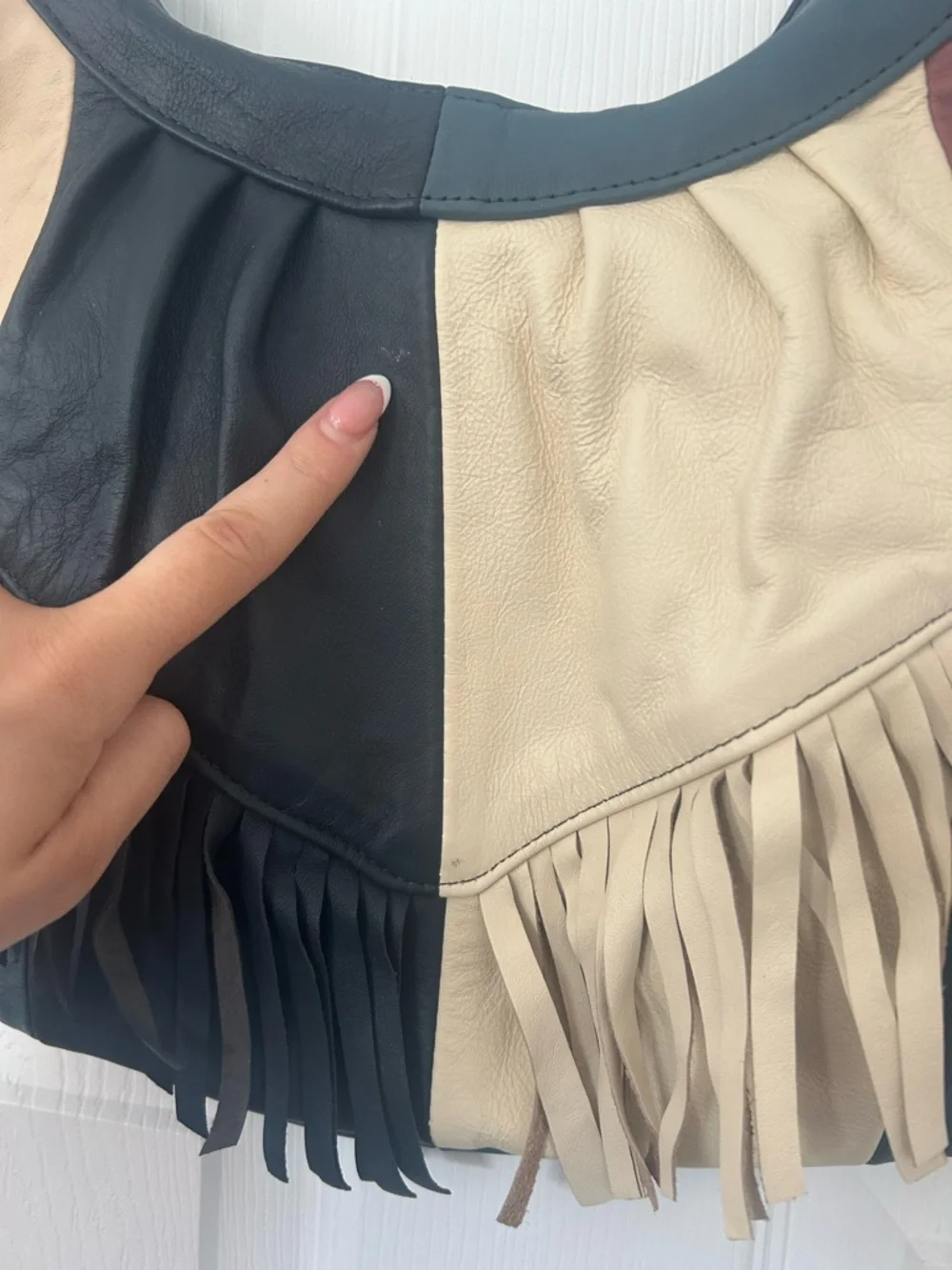 Vintage Genuine Leather Fringe Patchwork Hobo Bag Boho Western Y2K